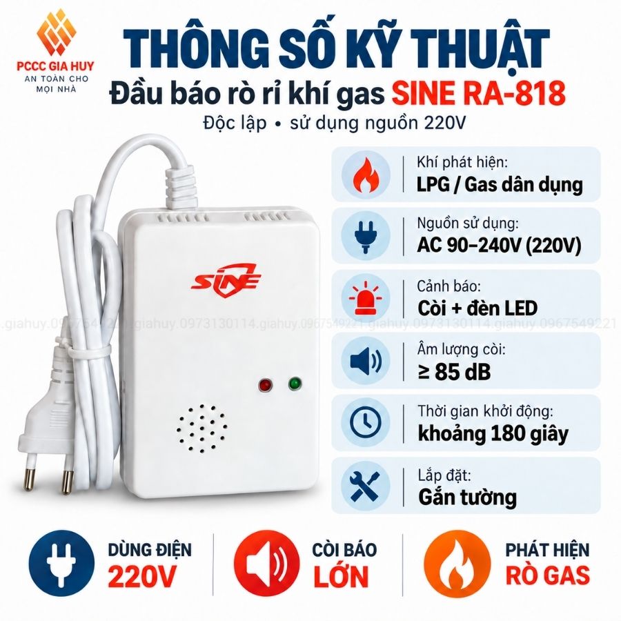 Đầu báo rò rỉ khí gas SINE RA-818 độc lập – Nguồn 220V