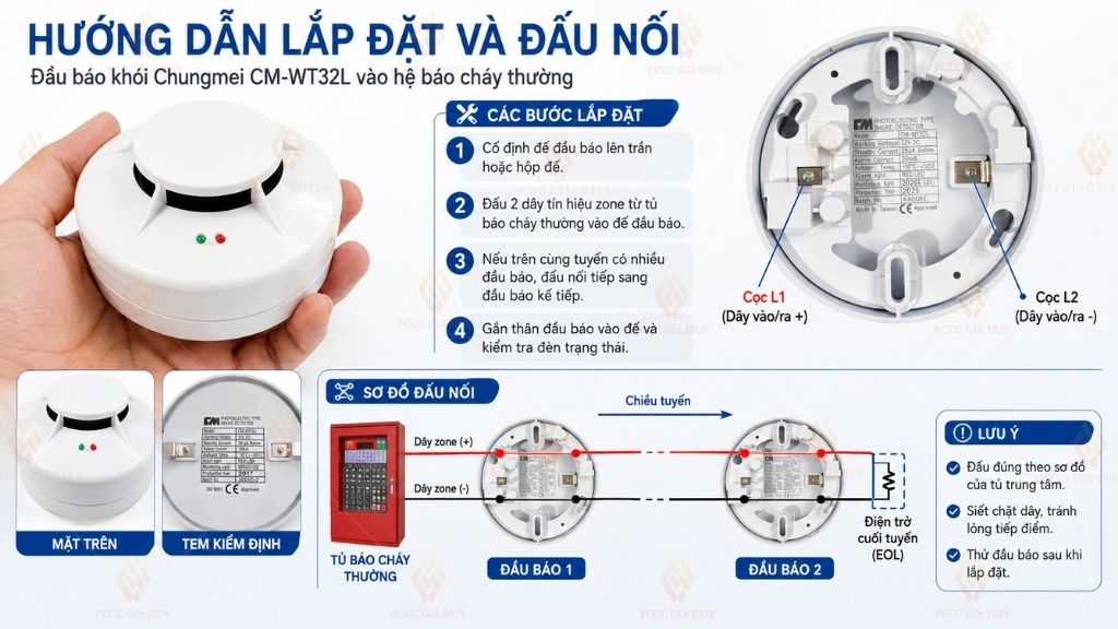 Hướng dẫn lắp đặt và đấu nối đầu báo khói Chungmei CM-WT32L vào hệ báo cháy thường