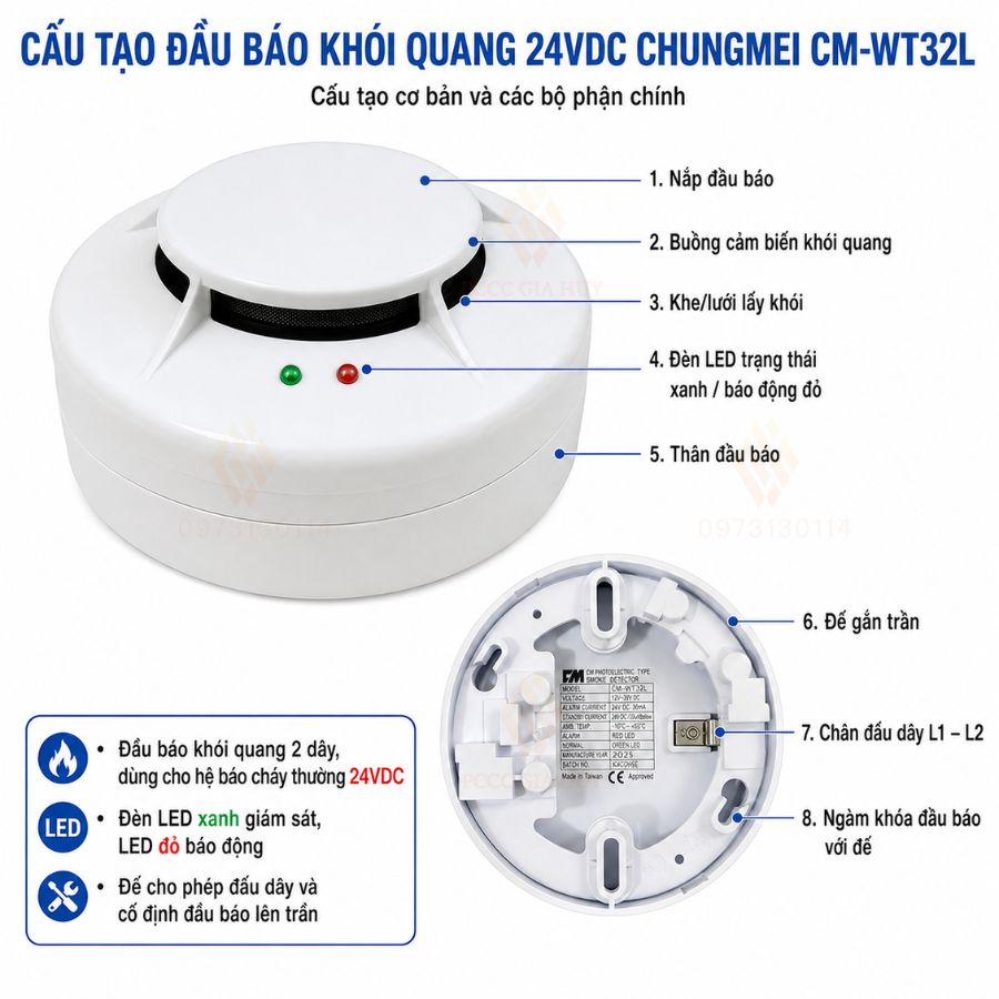 Đầu báo khói quang 24VDC Chungmei CM-WT32L có kiểm định&nbsp;
