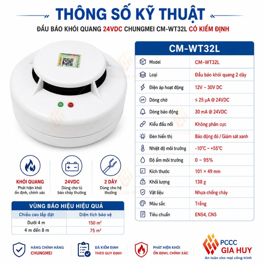 Đầu báo khói quang 24VDC Chungmei CM-WT32L có kiểm định&nbsp;