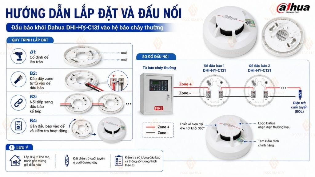 Hướng dẫn lắp đặt và đấu nối đầu báo khói Dahua DHI-HY-C131