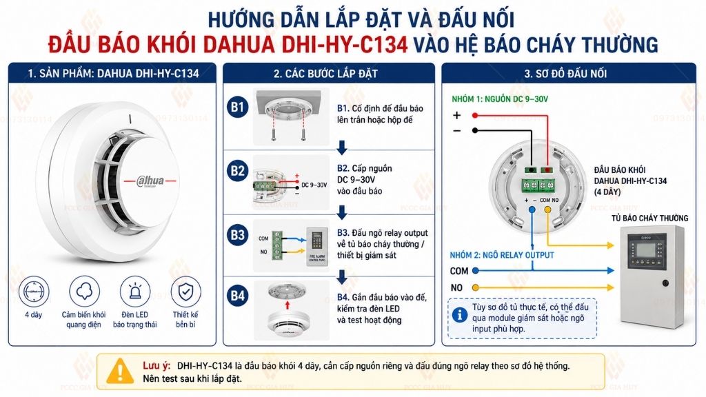 Hướng dẫn lắp đặt và đấu nối đầu báo khói Dahua DHI-HY-C134 vào hệ báo cháy thường