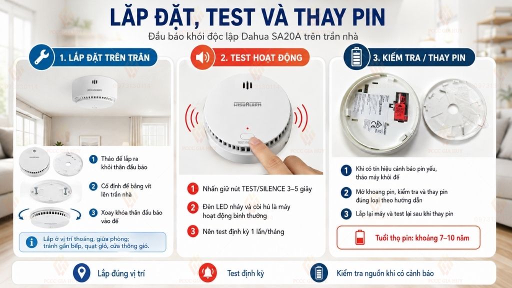 Lắp đặt kiểm tra và thay pin đầu báo khói độc lập Dahua SA20A