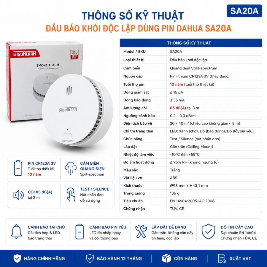 Đầu báo khói độc lập dùng pin Dahua SA20A-Pin 7-10 năm