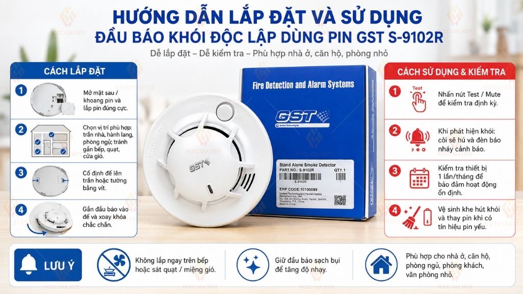 hướng dẫn và sử dụng đầu báo khói dùng pin GST S-9102R