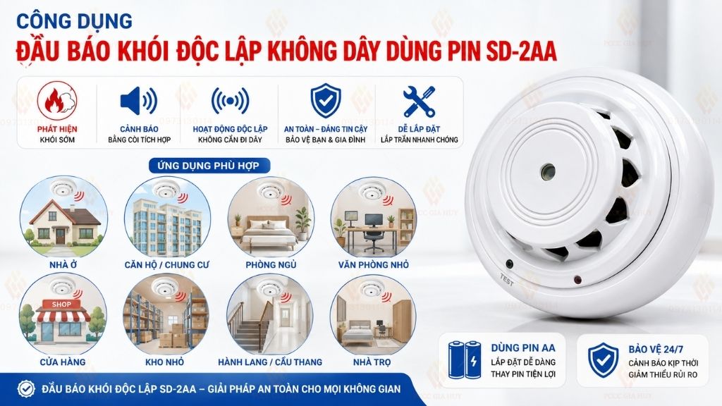 công dụng đầu báo khói độc lập không dây dùng pin SD-2AA dùng pin 2AA