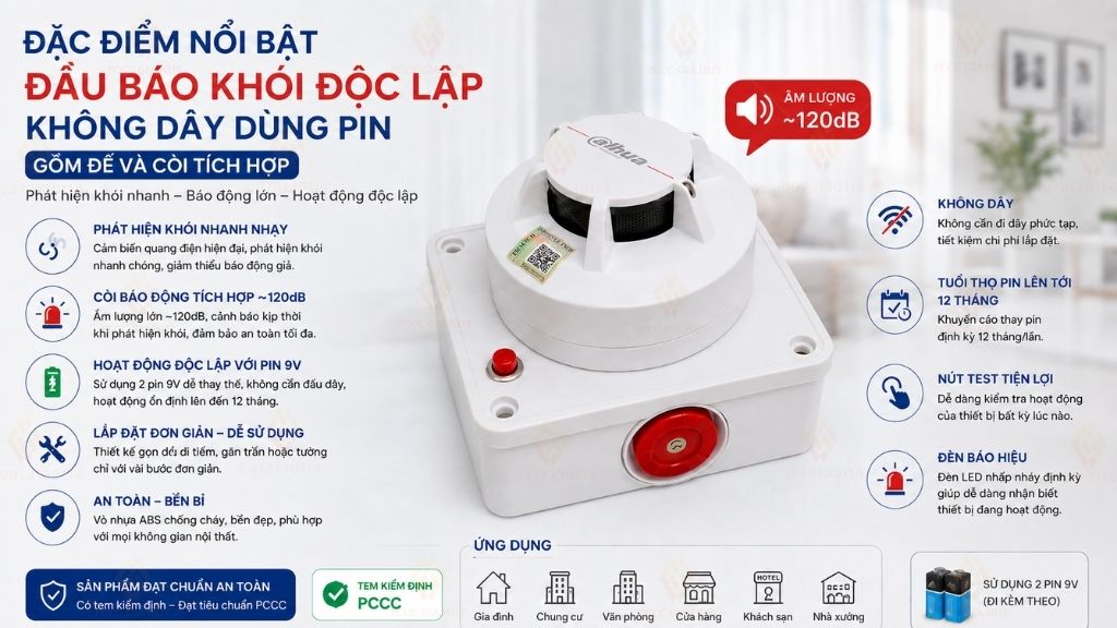 Đặc điểm đầu báo khói độc lập không dây dùng pin có tem kiểm định
