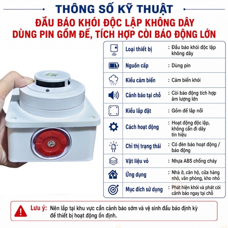 Đầu báo khói độc lập dùng pin có đế,âm thanh to,có kiểm định