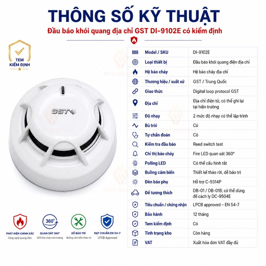 Đầu báo khói quang địa chỉ GST DI-9102E có kiểm định