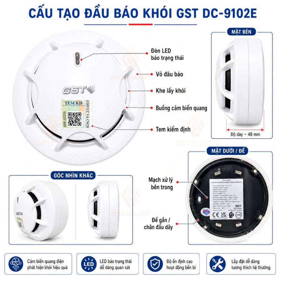 Đầu báo khói quang điện GST DC-9102E hệ thường có kiểm định&nbsp;