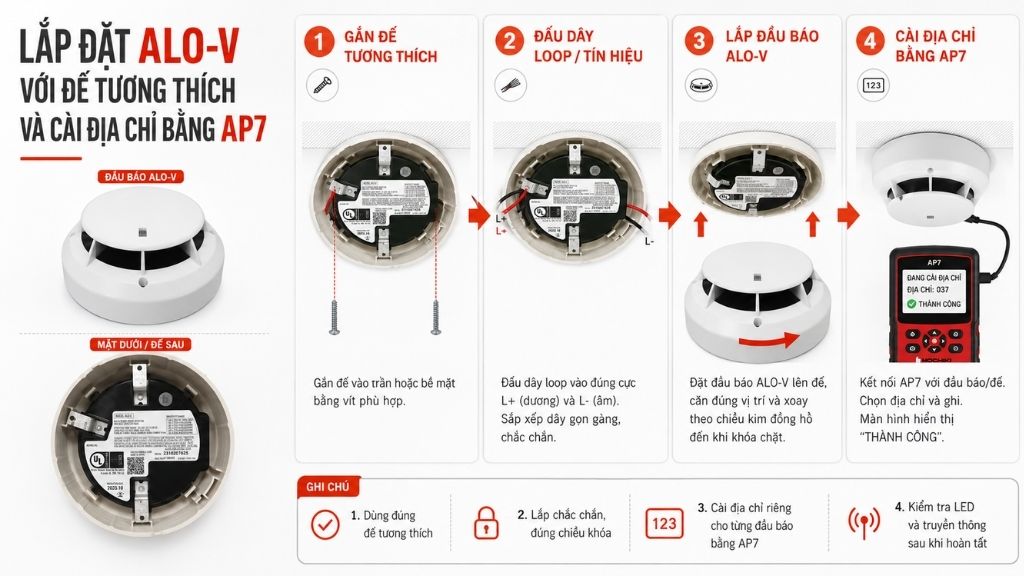 Lắp đặt đầu báo khói quang địa chỉ Hochiki ALO-V và đế tương thích