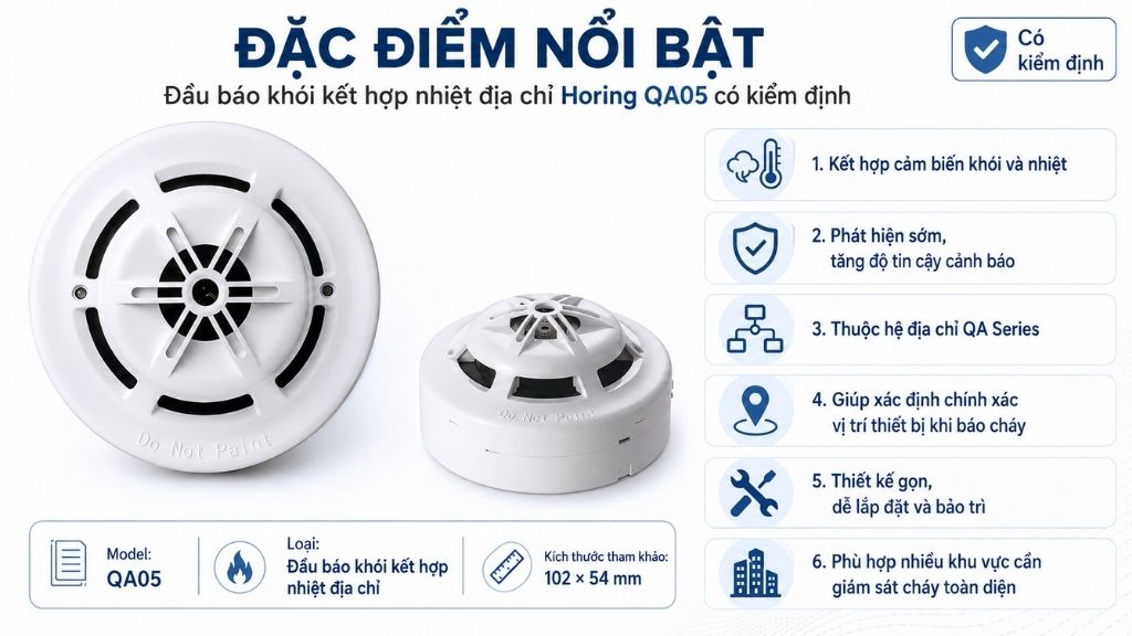 Đặc điểm đầu báo khói kết hợp nhiệt địa chỉ Horing QA05