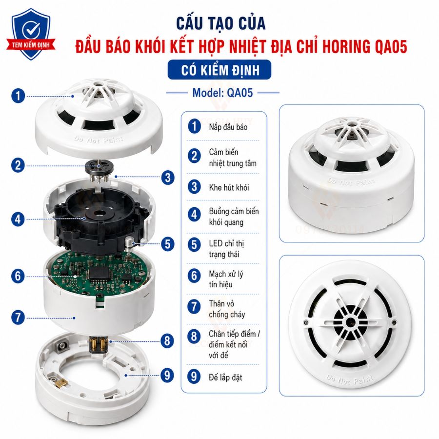 Đầu báo khói kết hợp nhiệt địa chỉ Horing QA05 có kiểm định&nbsp;