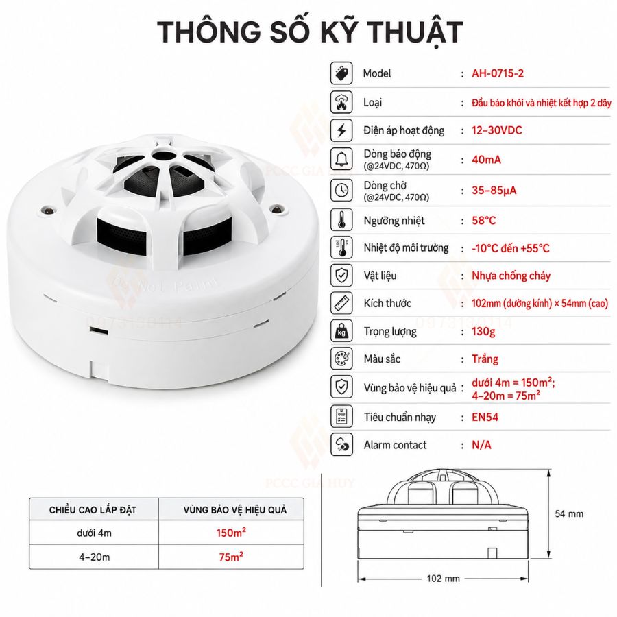 Đầu báo khói và nhiệt kết hợp Horing AH-0715-2 có kiểm định