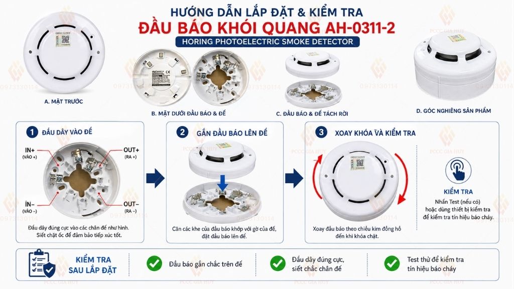 hướng dẫn lắp đặt đầu báo khói quang 2 dây của Horing AH-0311-2