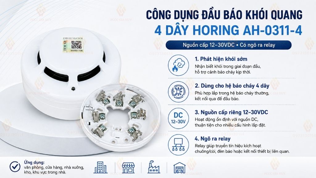 Công dụng đầu báo khói quang 4 dây Horing AH-0311-4 có relay output