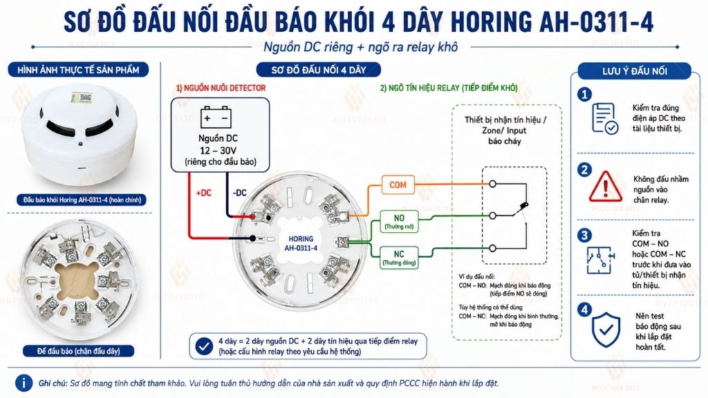 Sơ đồ đấu nối đầu báo khói Horing AH-0311-4 4 dây relay output