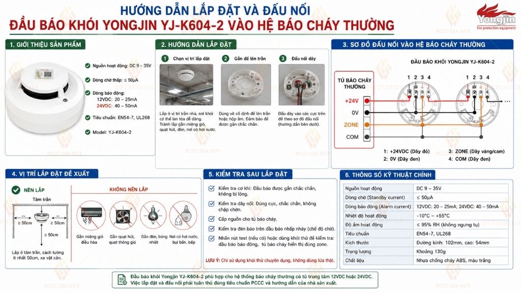 Hướng dẫn lắp đặt và đấu nối đầu báo khói Yongjin YJ-K604-2 vào hệ báo cháy thường