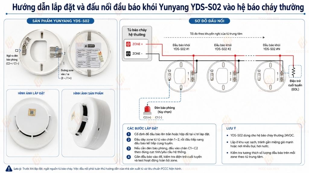 Hướng dẫn lắp đặt và đấu nối đầu báo khói Yunyang YDS-S02 vào hệ báo cháy thường