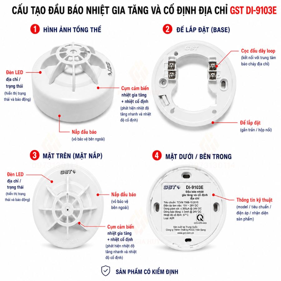 Đầu báo nhiệt giatăng và cốđịnh địa chỉ GST DI-9103E k/định&nbsp;