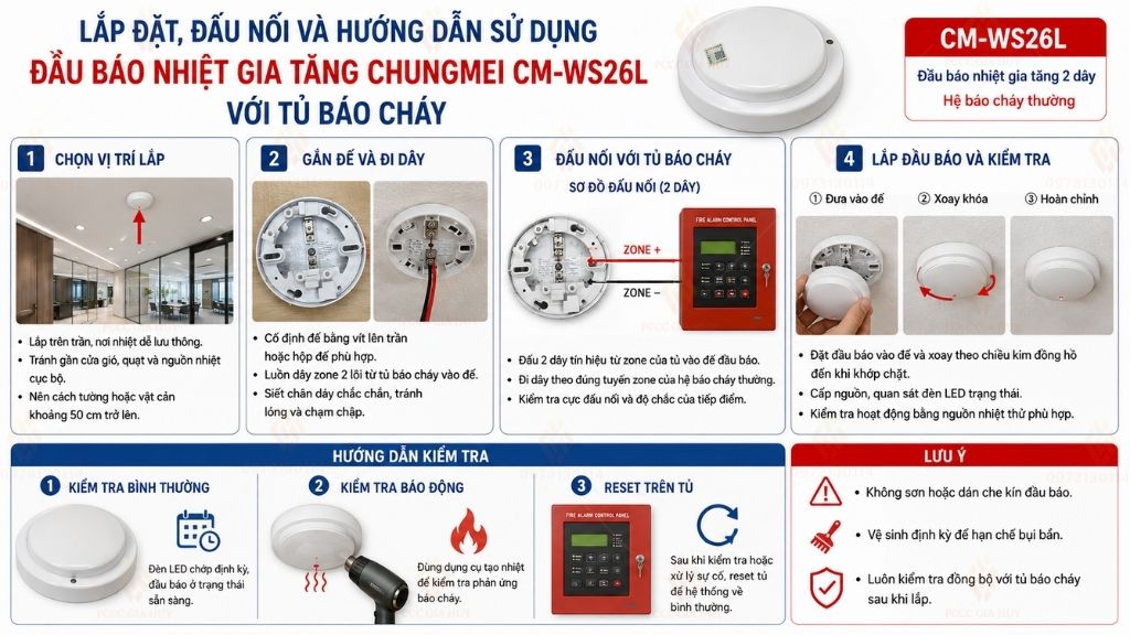 Lắp đặt đấu nối và hướng dẫn sử dụng đầu báo nhiệt gia tăng Chungmei CM-WS26L