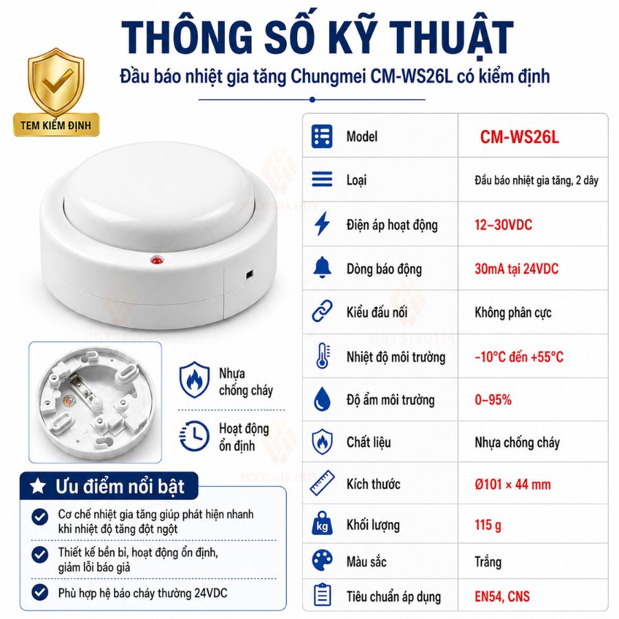Đầu báo nhiệt gia tăng Chungmei CM-WS26L có kiểm định