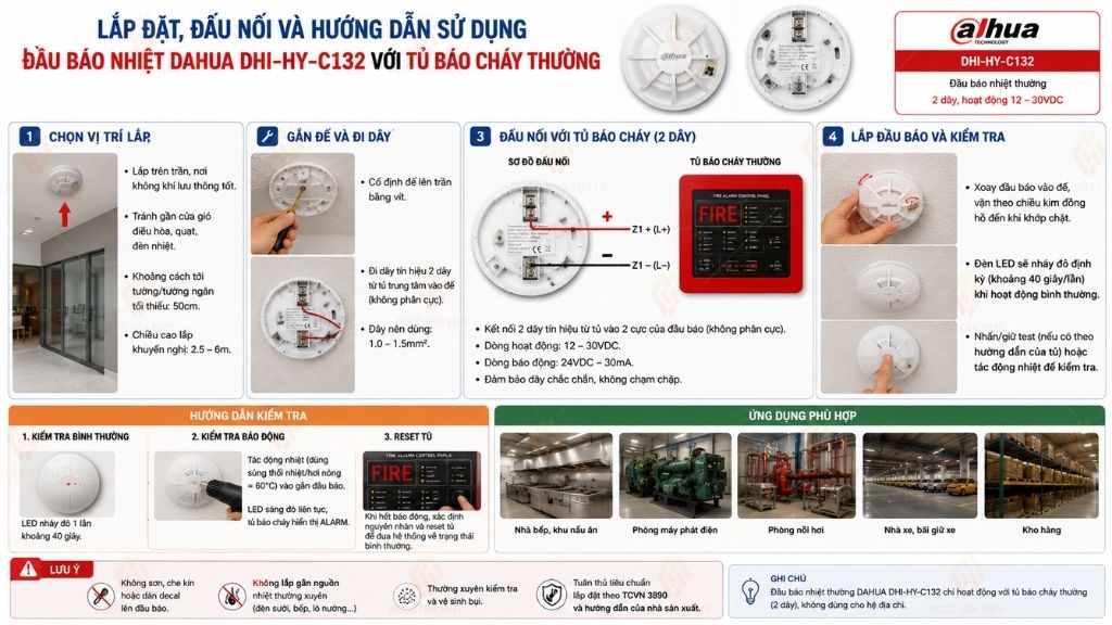 Lắp đặt đấu nối và hướng dẫn sử dụng đầu báo nhiệt Dahua DHI-HY-C132