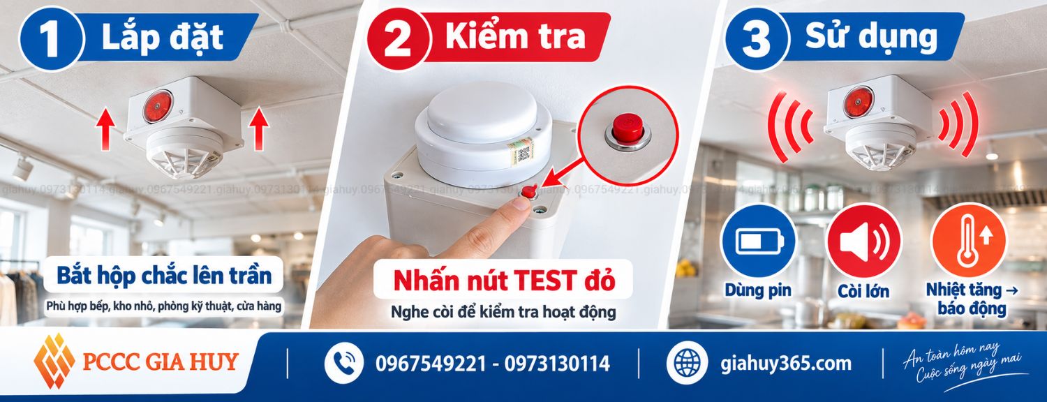 Lắp đặt, thay pin và kiểm tra đầu báo nhiệt độc lập dùng pin có đế, còi lớn, có tem kiểm định