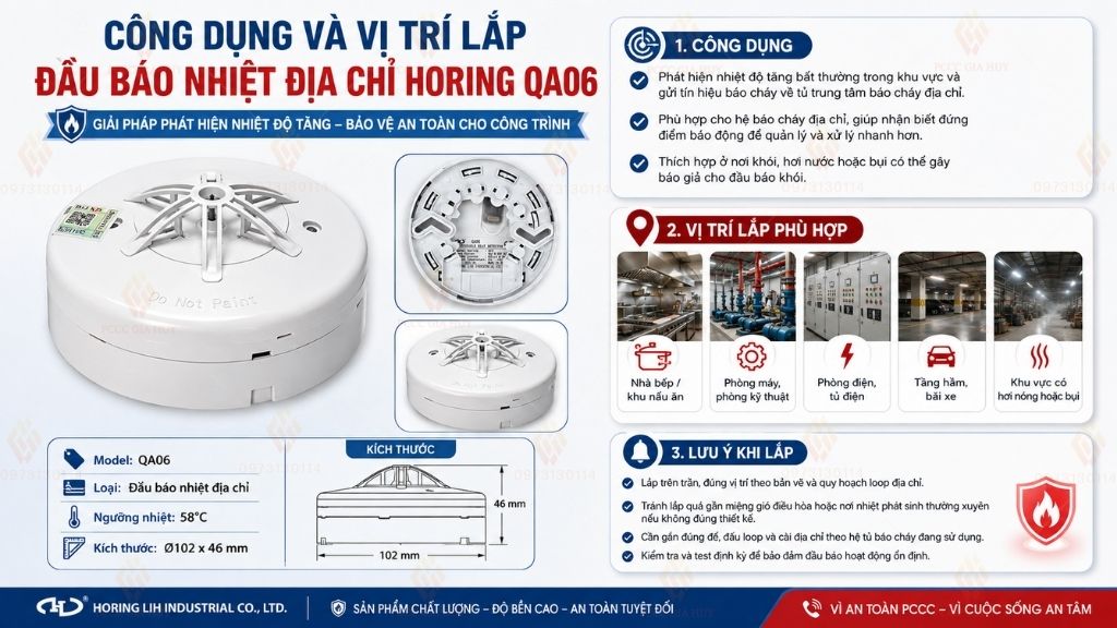 Công dụng và vị trí lắp đầu báo nhiệt địa chỉ Horing QA06