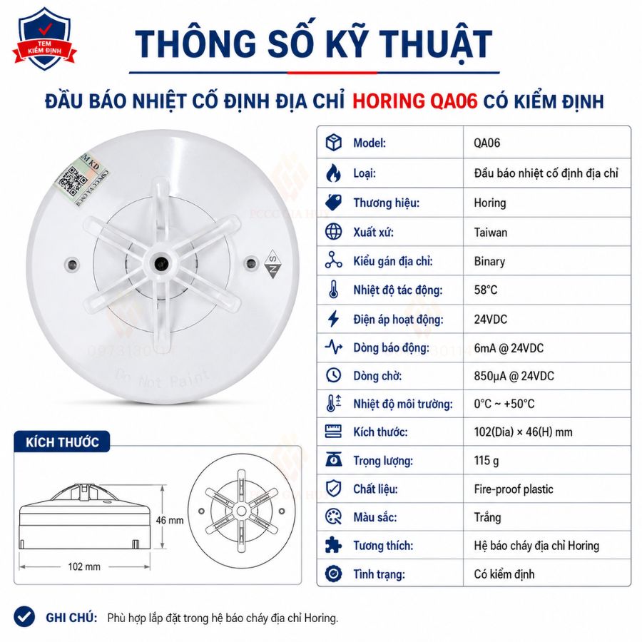 Đầu báo nhiệt cố định địa chỉ Horing QA06 có kiểm định