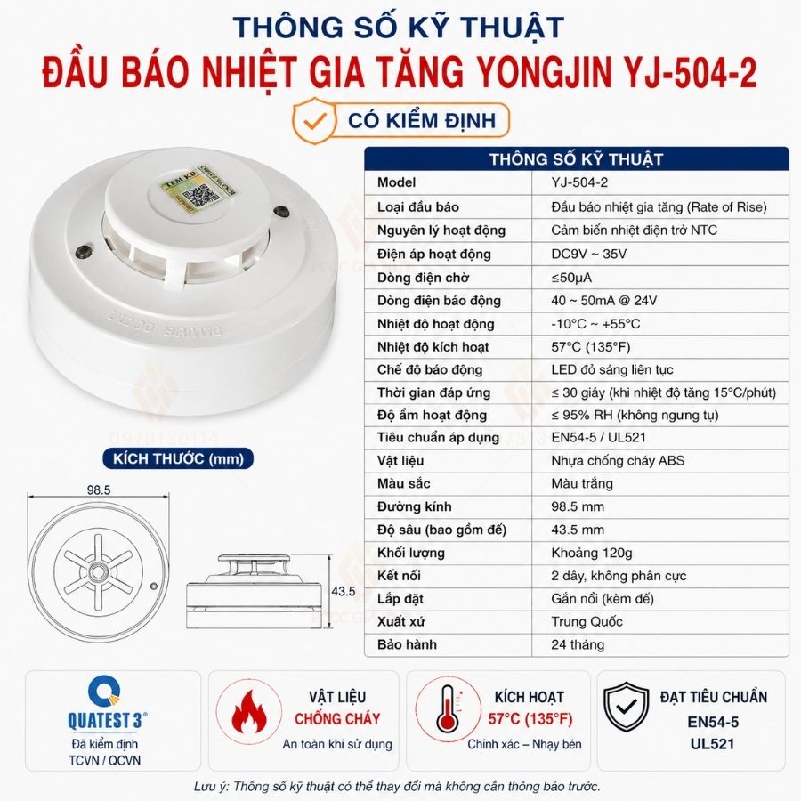 Đầu báo nhiệt gia tăng Yongjin YJ-N504-2có kiểm định