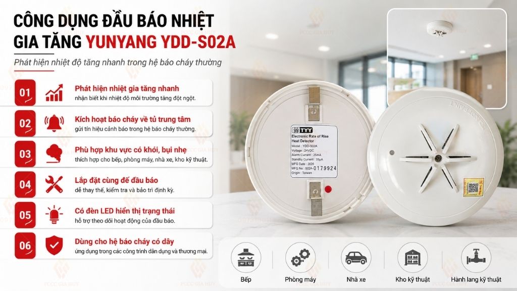 Công dụng đầu báo nhiệt gia tăng Yunyang YDD-S02A có kiểm định