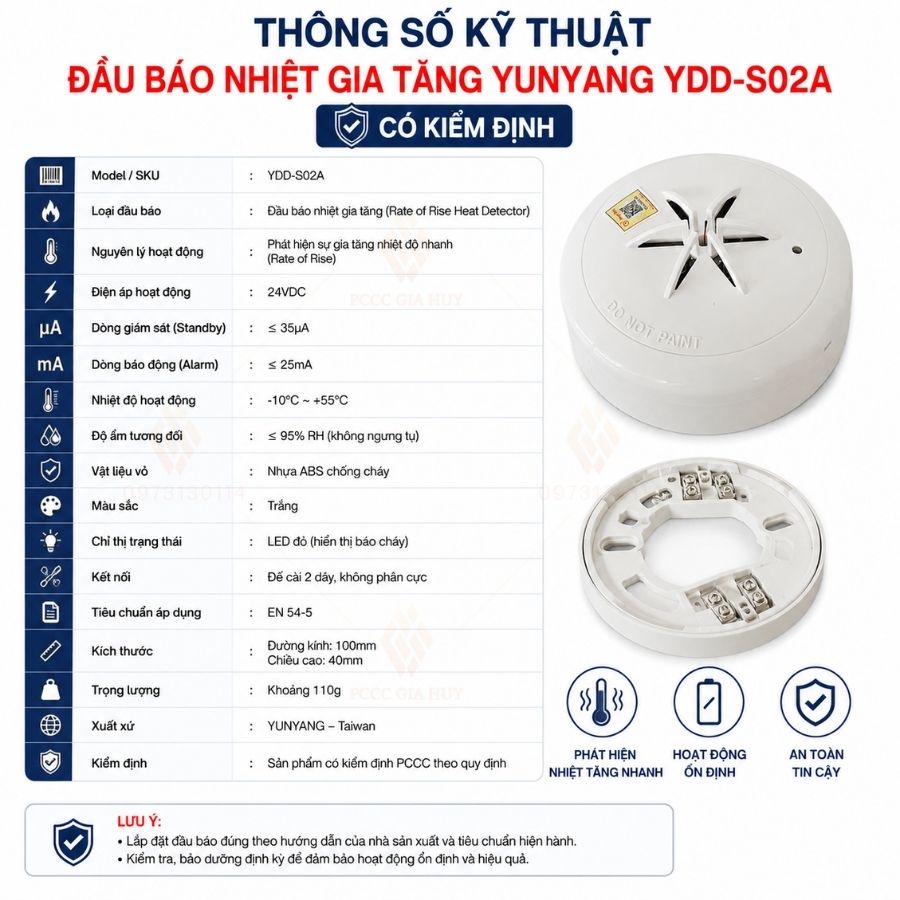 Đầu báo nhiệt gia tăng Yunyang YDD-S02A có kiểm định
