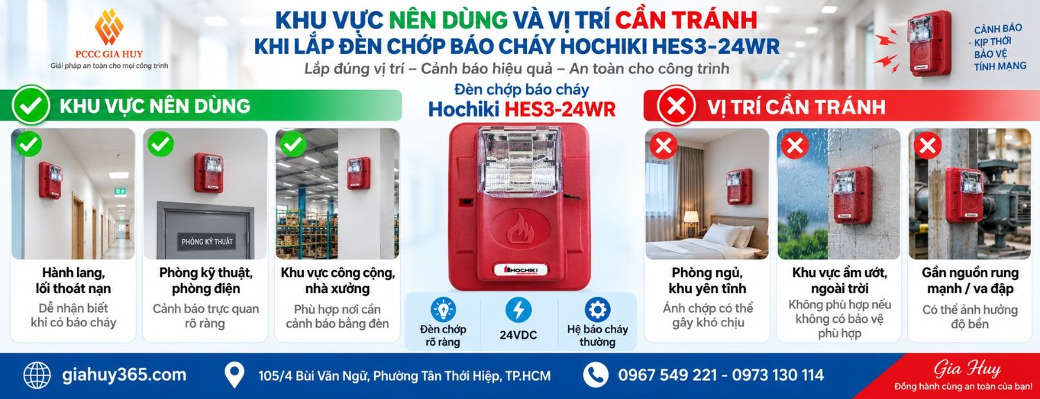 Vị trí phù hợp và cần tránh khi lắp đèn chớp Hochiki HES3-24WR