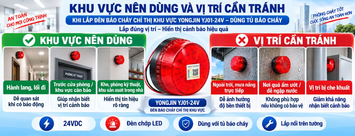 Khu vực phù hợp và vị trí cần tránh khi lắp đèn báo cháy chỉ thị Yongjin YJ01-24V