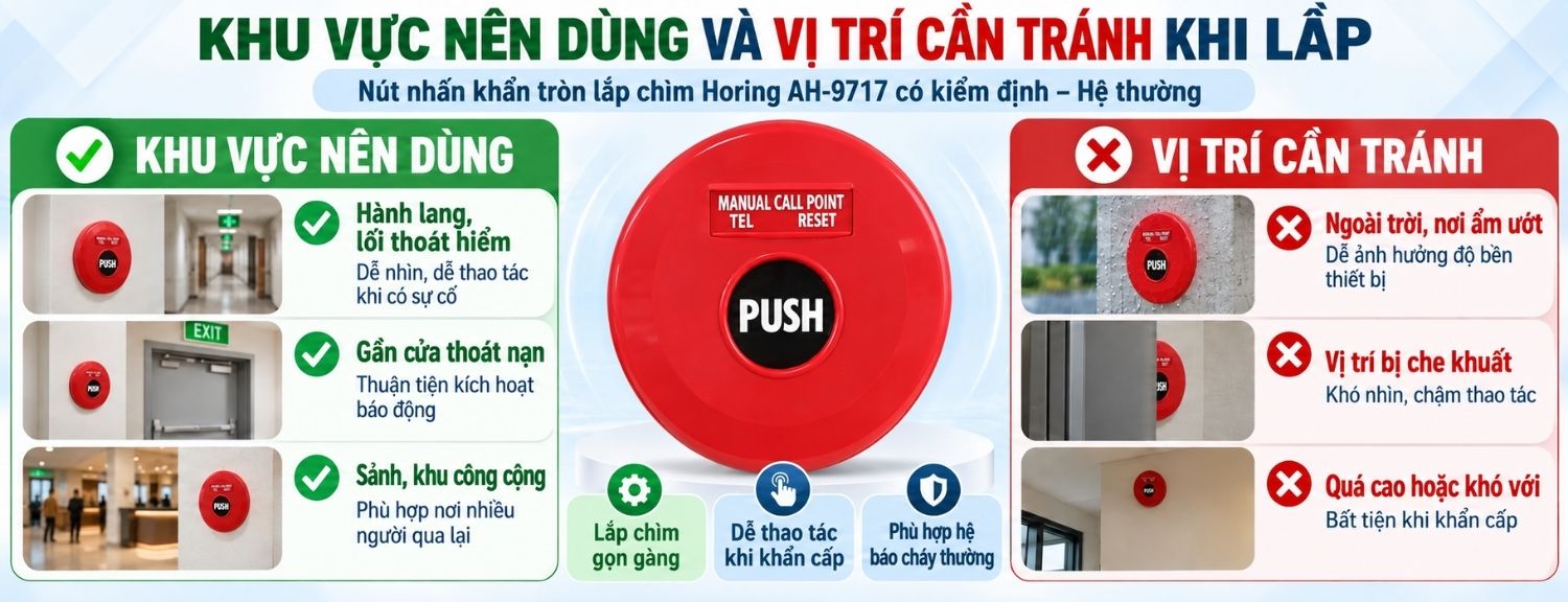 khu vực nên lắp à vị trí cần tránh khi lắp nút nhấn Horing AH-9717