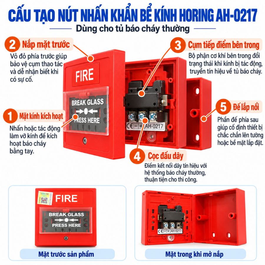 Nút nhấn khẩn vuông bể kính Horing AH-0217–Không nắp bảo vệ
