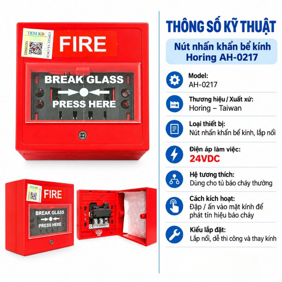 Nút nhấn khẩn vuông bể kính Horing AH-0217–Không nắp bảo vệ