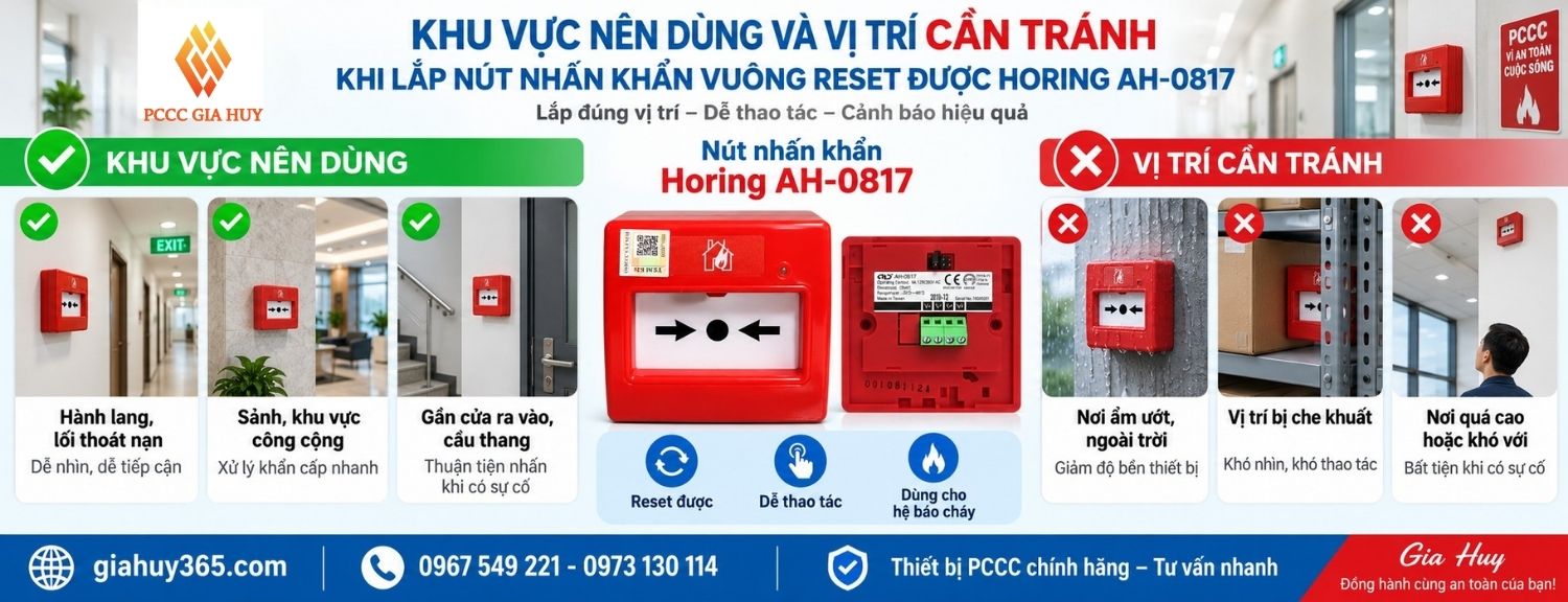 Khu vực nên lắp và vị trí cần tránh của nút nhấn khẩn Horing AH-0817