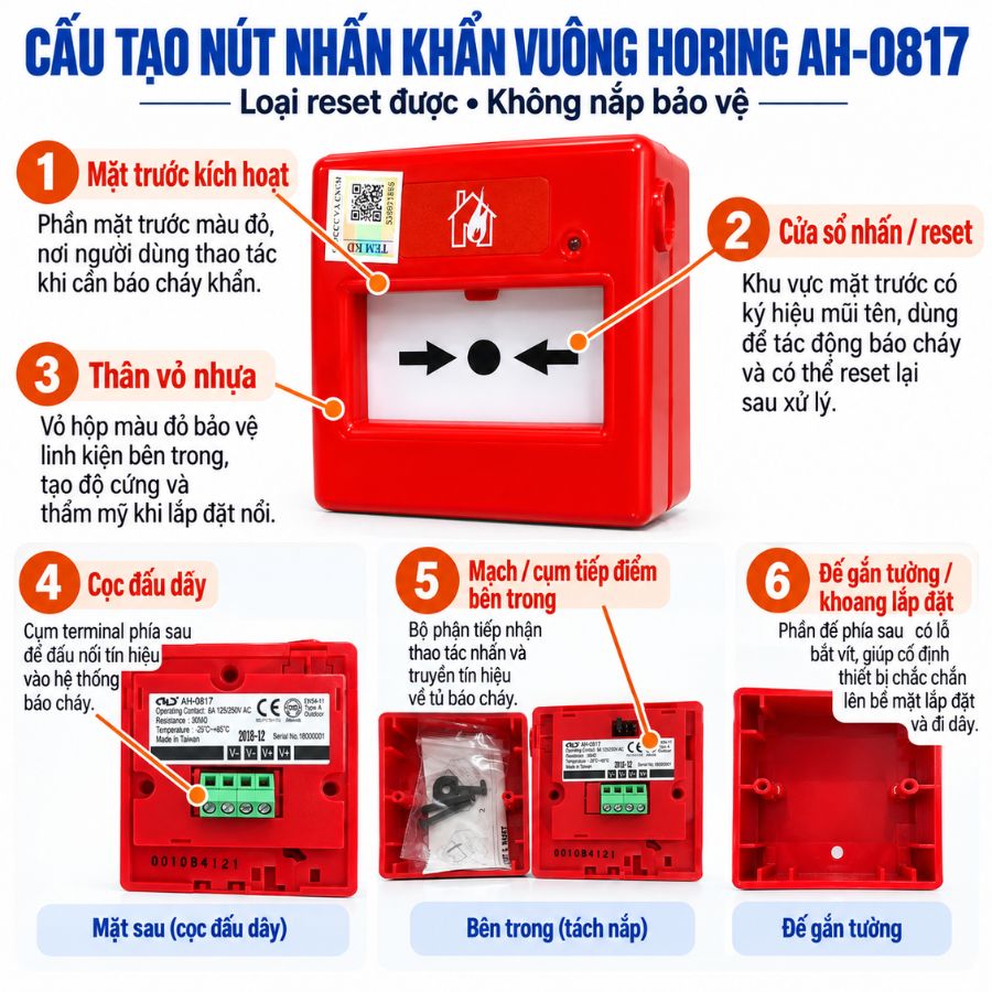 Nút nhấn khẩn vuông reset được Horing AH-0817–Không nắp chụp