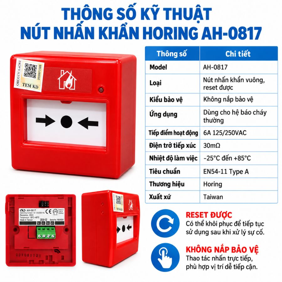 Nút nhấn khẩn vuông reset được Horing AH-0817–Không nắp chụp