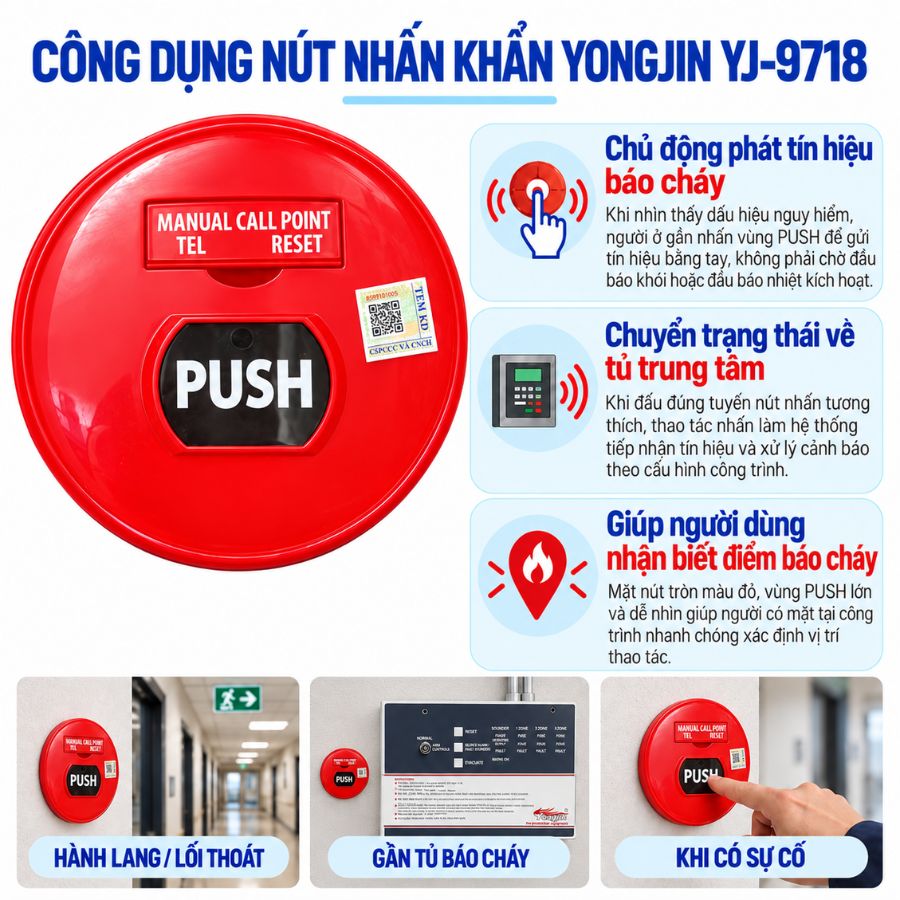 Nút nhấn khẩn báo cháy tròn Yongjin YJ-9718–Dùng tủ báo cháy