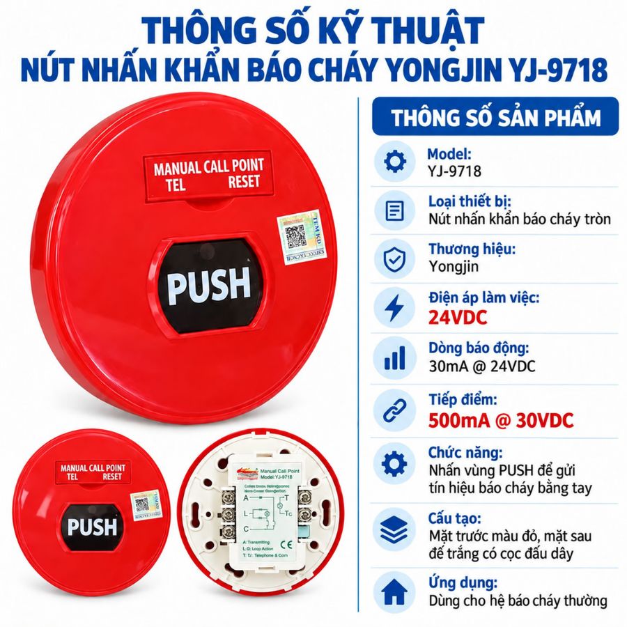 Nút nhấn khẩn báo cháy tròn Yongjin YJ-9718–Dùng tủ báo cháy