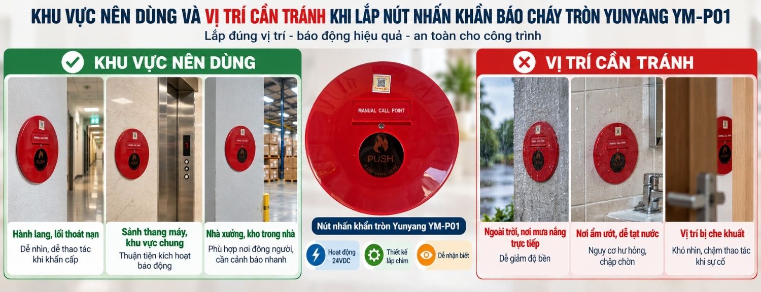 Khu vực phù hợp và vị trí cần tránh khi lắp nút nhấn khẩn Yunyang YM-P01