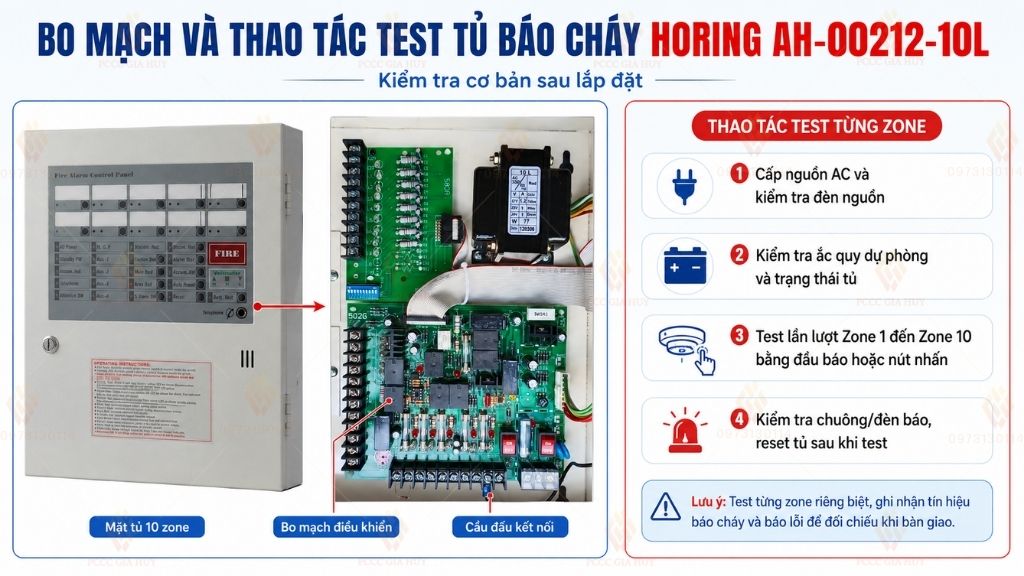 Bo mạch và thao tác test tủ báo cháy Horing AH-00212-10L