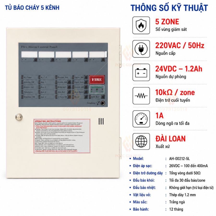 Tủ trung tâm báo cháy 5 kênh Horing AH-00212-5L chính hãng&nbsp;