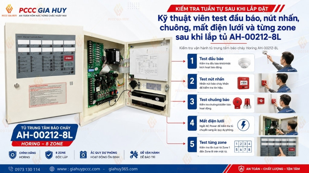 Kiểm tra vận hành tủ trung tâm báo cháy Horing AH-00212-8L