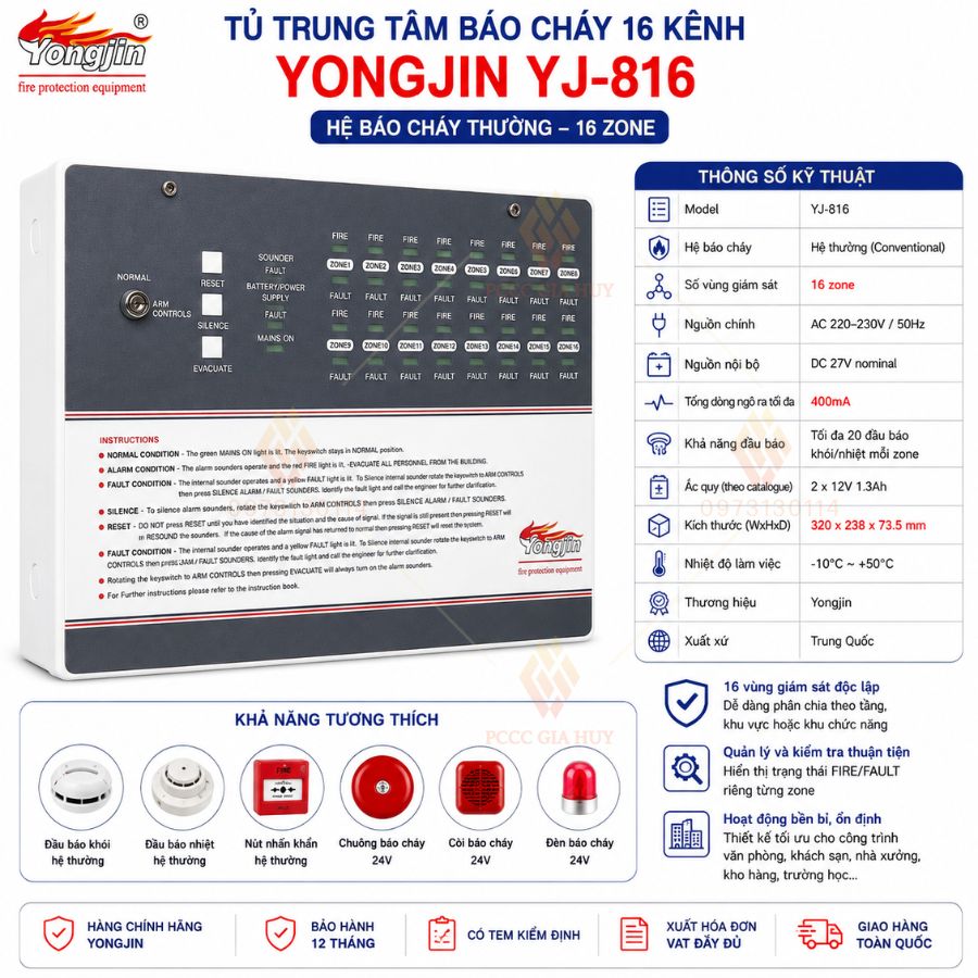 Tủ trung tâm báo cháy 16 kênh Yongjin YJ-816