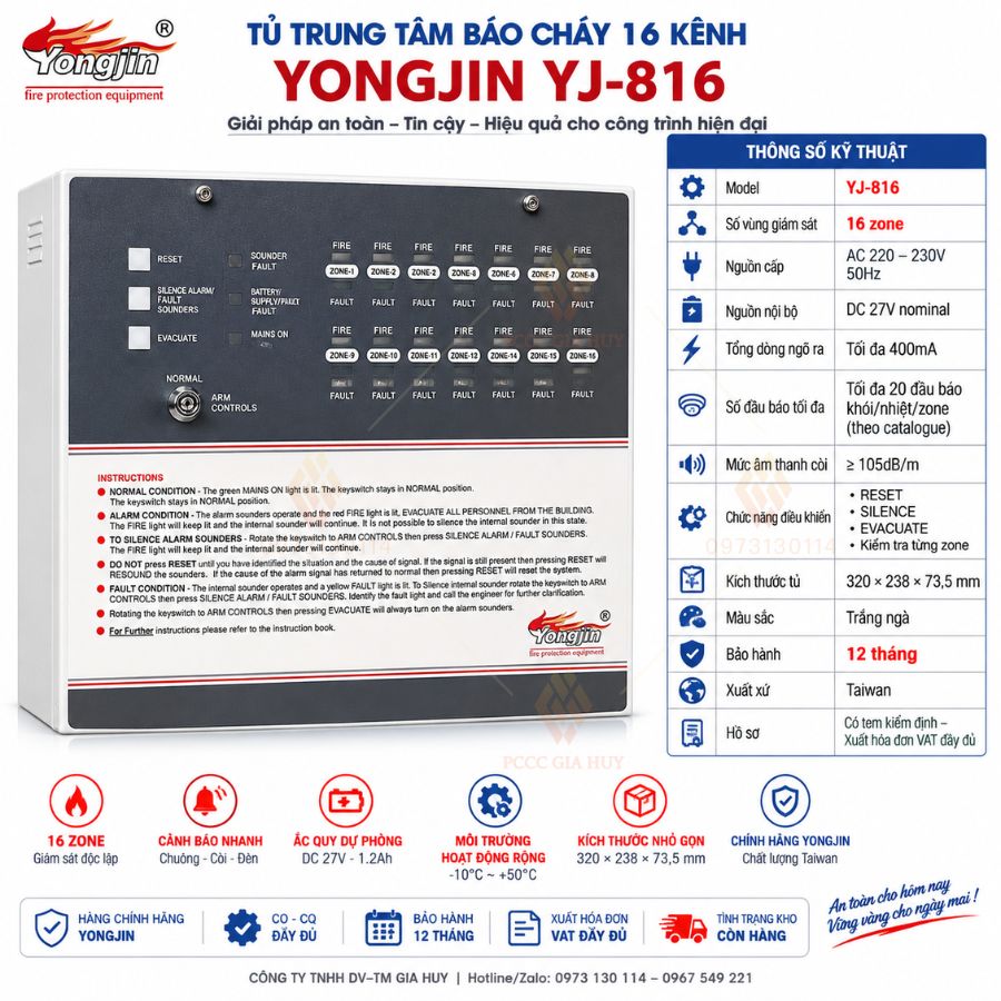 Tủ trung tâm báo cháy 16 kênh Yongjin YJ-816