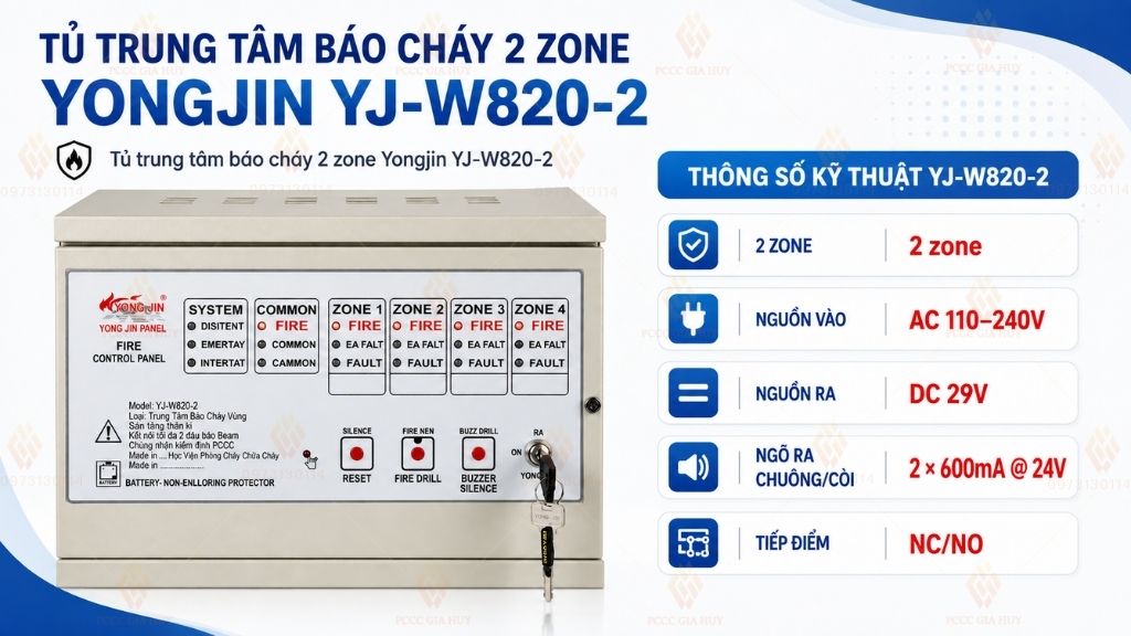 Thông số kỹ thuật tủ trung tâm báo cháy 2 kênh Yongjin YJ-W820-2 kết nối được đầu báo beam